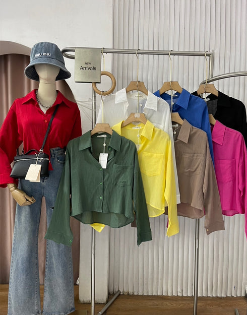 MATINEE Solid Color Long Sleeves Crop Shirts